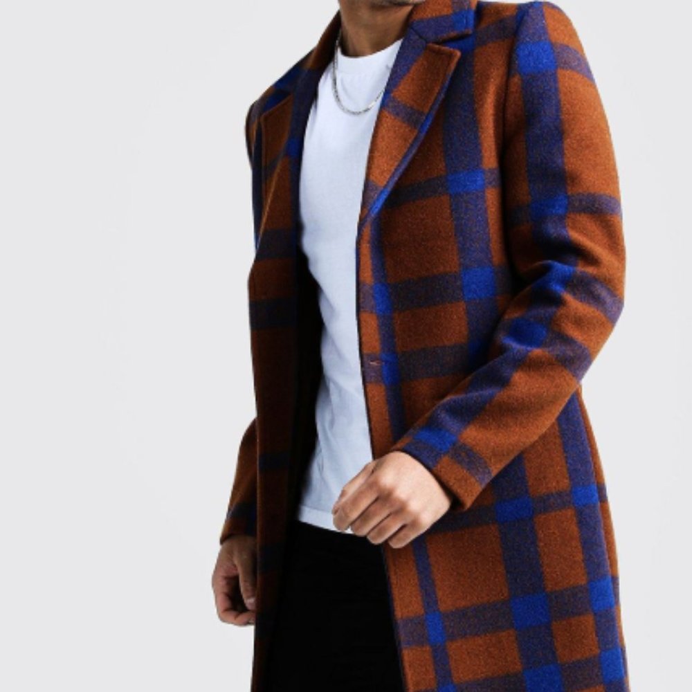 BOOHOO MAN Tobacco Check Single Breasted Overcoat